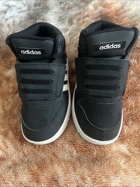 adidas Kids Black Velcro High-Top Sneakers with White Stripes